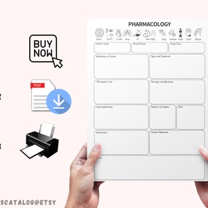 May include: A printable pharmacology study guide with a black and white design. The guide includes sections for generic name, brand name, drug class, mechanism of action, signs and symptoms, therapeutic use, nursing considerations, contraindications, route of administration, dose, interactions, and patient education.