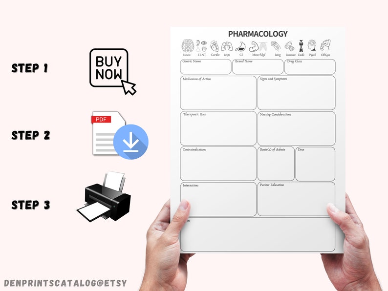 May include: A printable pharmacology study guide with a black and white design. The guide includes sections for generic name, brand name, drug class, mechanism of action, signs and symptoms, therapeutic use, nursing considerations, contraindications, route of administration, dose, interactions, and patient education.