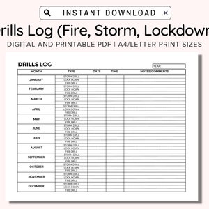 Disaster Drill Record for School, School Teacher Forms, Drills Log Printable, Daycares, Fire Drill Log, Storm Drill, Lock Down Drill, PDF