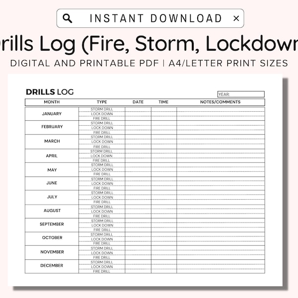 Disaster Drill Record for School, School Teacher Forms, Drills Log Printable, Daycares, Fire Drill Log, Storm Drill, Lock Down Drill, PDF