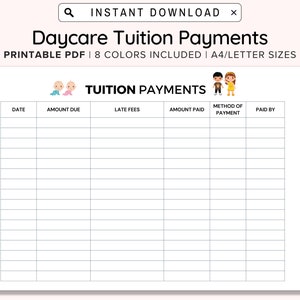 Daycare Tuition Payments Printable, Daycare Tuition Reports, Daycare Payment Reports, Daycare Forms, Home Daycare, A4/Letter, PDF