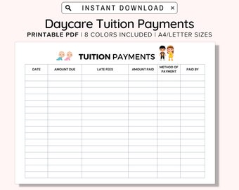 Daycare Tuition Payments Printable, Daycare Tuition Reports, Daycare Payment Reports, Daycare Forms, Home Daycare, A4/Letter, PDF