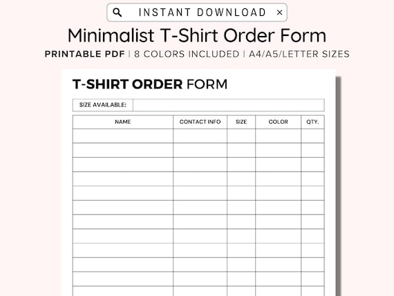 Printable T Shirt Order Form Template, Editable Order Form, Customizable T Shirt Order Form, Small Business, Sales Log, Instant Download PDF