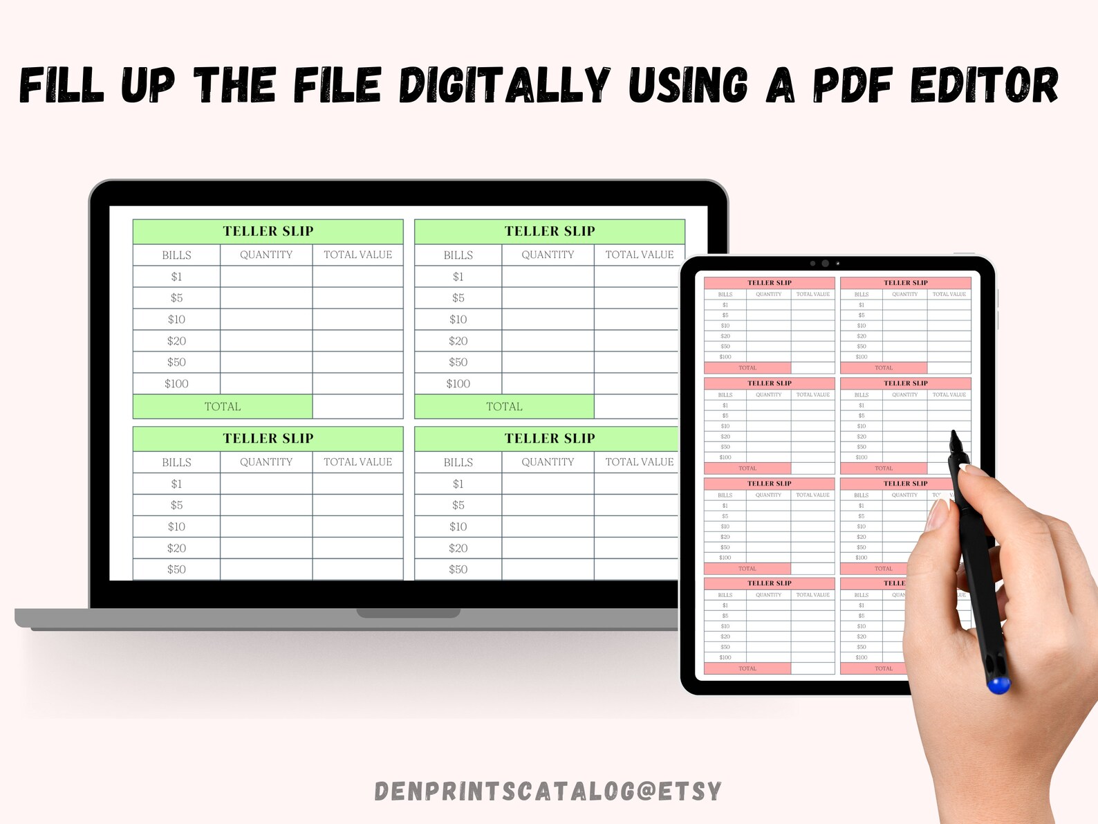 Cash Breakdown Slips Printable, Bank Teller Slips, Cash Withdraw Slips