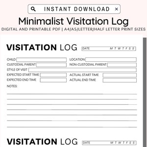 Registro de visitas imprimible, registro de cuidado infantil, registro de visitas, notas de visitas, custodia infantil, crianza compartida, tamaño A4/A5/carta/media carta (PDF)