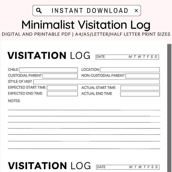 Visitation Log Printable, Child Care Log, Child Visits Tracker, Visitation Notes, Child Custody, Coparenting, A4/A5/Letter/Half Letter PDF