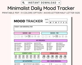 May include: Printable daily mood tracker in black and white with pink accents. The tracker includes sections for gratitude, mood, feelings, energy level, stress level, activities, and sleep. The tracker is designed to help you track your mood and well-being.