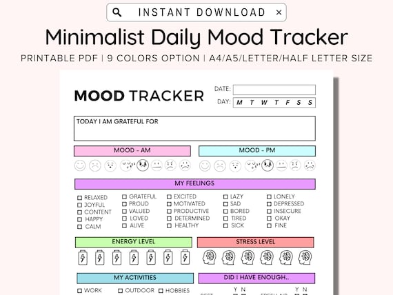 Daily Mood Tracker Printable,  Printable Mood Track, Emotion tracker, Self care journal, Mood Journal,Mental health tracker, Anxiety Tracker