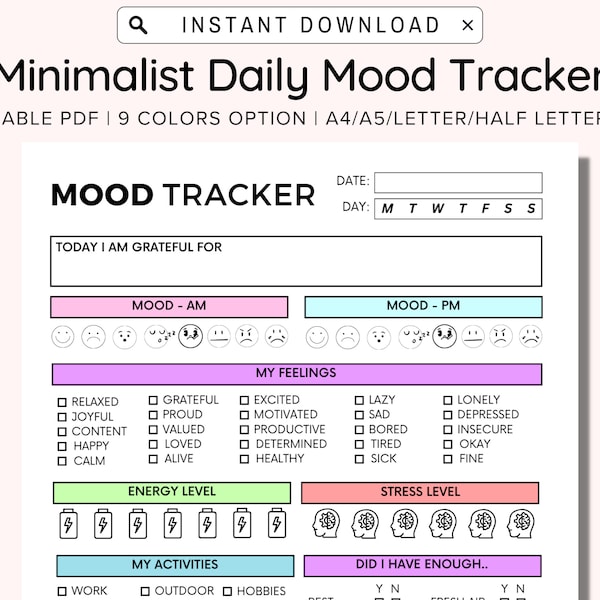 Daily Mood Tracker Printable,  Printable Mood Track, Emotion tracker, Self care journal, Mood Journal,Mental health tracker, Anxiety Tracker