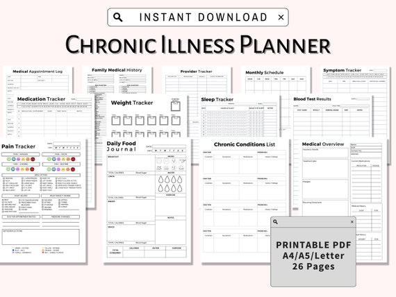 Health Trackers for Chronic Illness, Medical Binder, Symptom Tracker Journal, Printable and Digital Medical Planner, Chronic Pain Journal