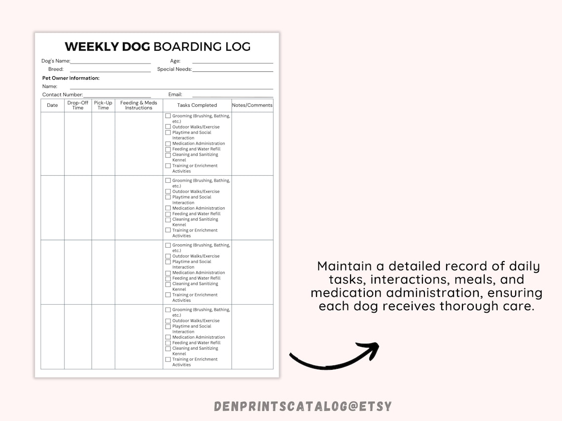Essential Weekly Dog Boarding Log Printable, for a Kennel or Home