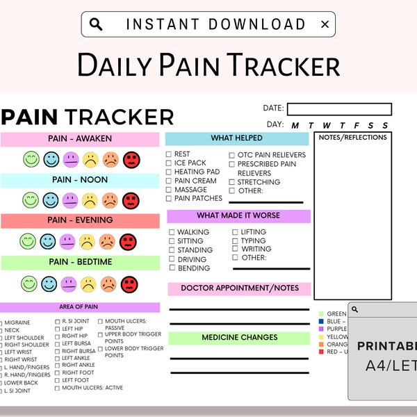 Daily Pain Tracker and Journal Printable, Chronic Pain Management, Pain Relief Diary, Pain Management Tool, Pain Log, For medical field, PDF