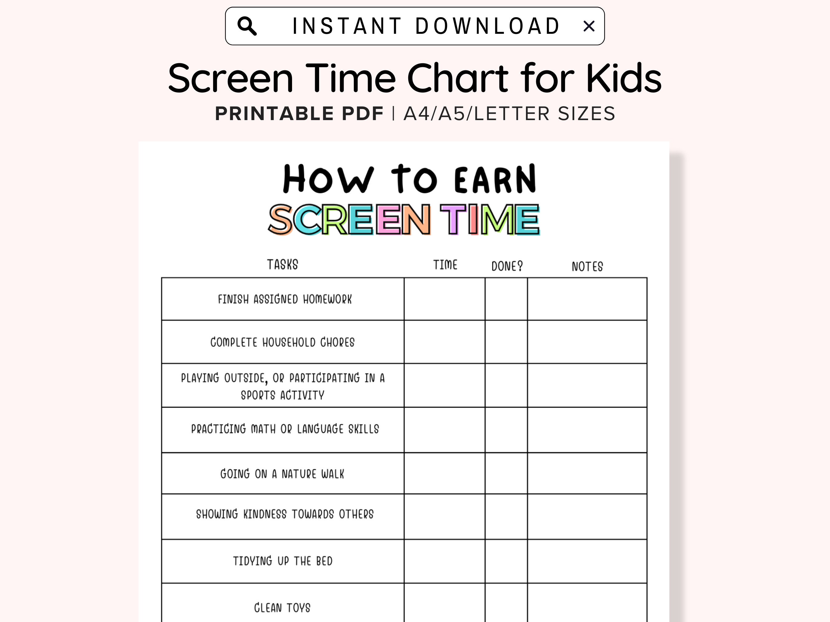Screen Time Chart Checklist Editable Printable Screen Time Chore Chart
