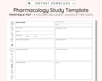 Pharmacology Template Printable, Editable Nursing School Pharmacology Notes Template, Medication Study, Nursing Student, Pharmacologist