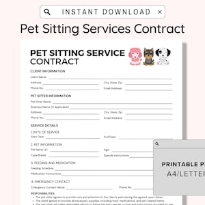 Pet Sitting Service Agreement, Pet Sitting Business Forms, Pet Sitting Service Contract, Pet Sitter Template, Dog / Cat Sitting Service, PDF