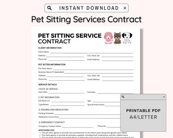 Pet Sitting Service Agreement, Pet Sitting Business Forms, Pet Sitting Service Contract, Pet Sitter Template, Dog / Cat Sitting Service, PDF