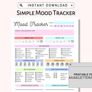 Daily Mood Tracker Simple, Printable Mood Track, Emotion tracker, Mood Journal, Mental health tracker, Anxiety Tracker, Instant Download PDF