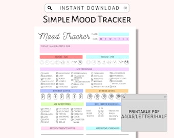 Daily Mood Tracker Simple, Printable Mood Track, Emotion tracker, Mood Journal, Mental health tracker, Anxiety Tracker, Instant Download PDF