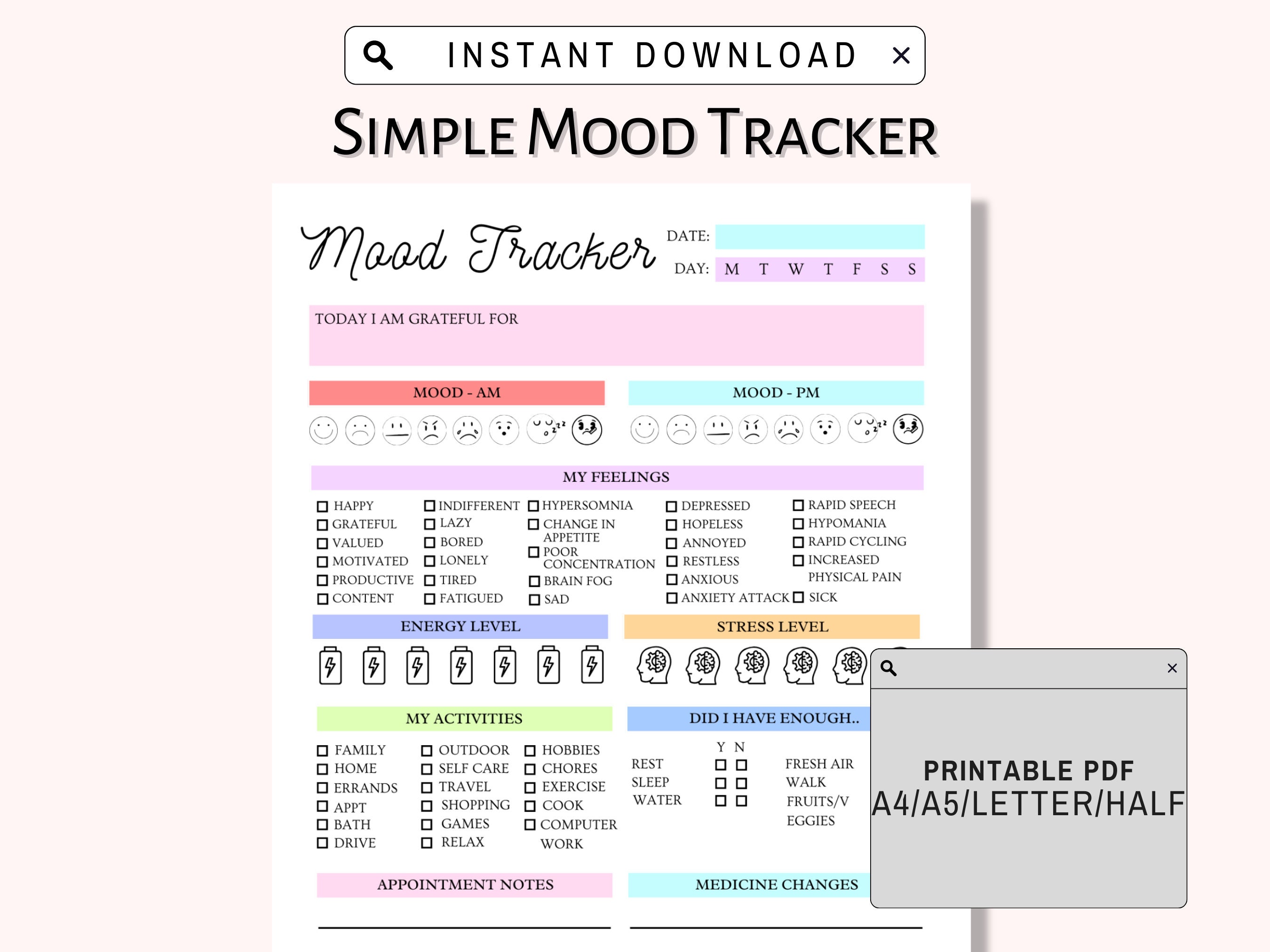 Daily Mood Tracker Simple, Printable Mood Track, Emotion tracker, Mood Journal, Mental health tracker, Anxiety Tracker, Instant Download PDF