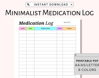 Printable Medication Tracker, Monthly Medication Tracker Printable, Print at home medication log, Medicine and Supplement Tracking sheet