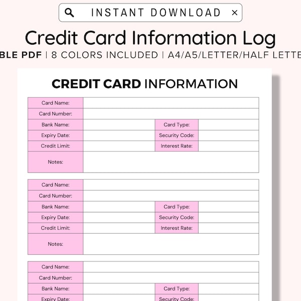 Credit Card Info, Credit Card Journal, Overview At A Glance, Credit Card Keeper, Finance Debit, Credit Card, Organizer, Credit Card List PDF