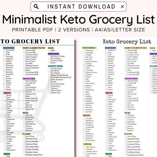 Keto Grocery List Printable, Keto Food List, Low Carb Food List, Keto Tracker, Meal Planner and Groceries Planner, Weekly Menu Planner, PDF