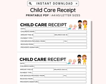 Daycare Receipt Printable, Printable Payment Receipt For Child Care Services, Perfect for Centers, Preschools, In Home Daycares, PDF