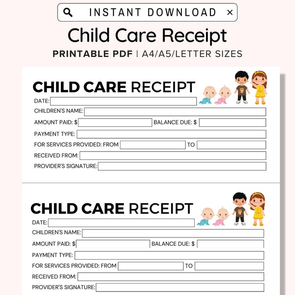 Ricevuta dell'asilo nido stampabile, ricevuta di pagamento stampabile per i servizi di assistenza all'infanzia, perfetta per centri, scuole materne, asili nido a domicilio, PDF