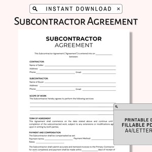 Fillable Subcontractor Agreement, Editable Subcontractor Contract Form, Subcontractor Form, Printable Job Subcontractor Agreement, Contract