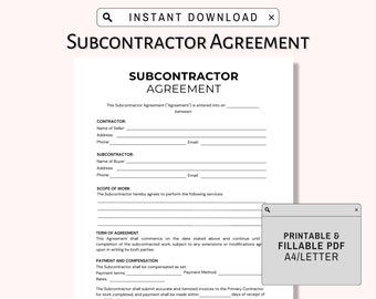 Fillable Subcontractor Agreement, Editable Subcontractor Contract Form, Subcontractor Form, Printable Job Subcontractor Agreement, Contract