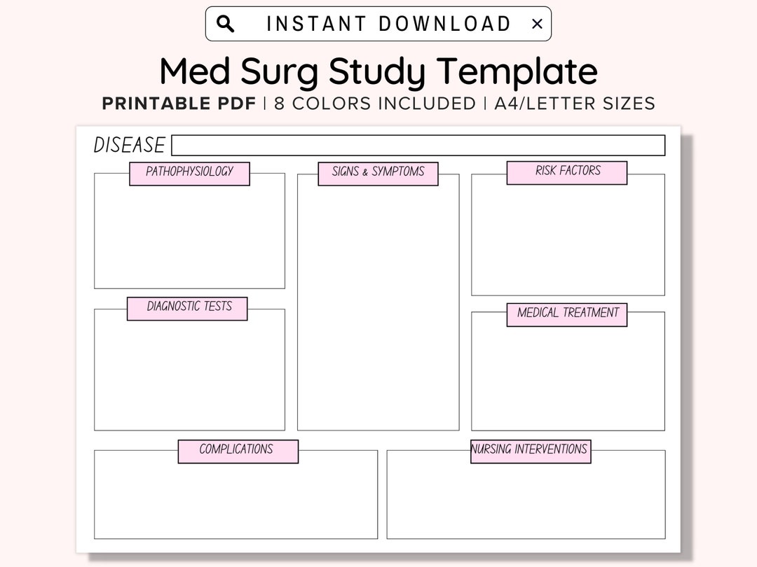 Med Surg Study Template Printable, Pathophysiology Template, Medical Med Surg Study Template Printable, Pathophysiology Template, Medical