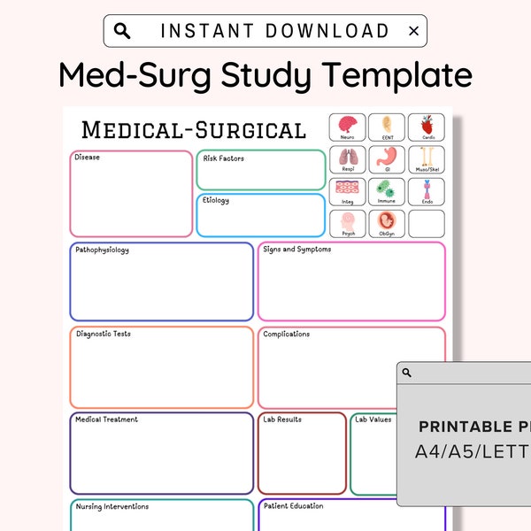 Nursing School Medical Surgical Template, Printable Med Surg Concept Map, Nursing Notes, NCLEX, Nursing Student Study Guide,Disease Template