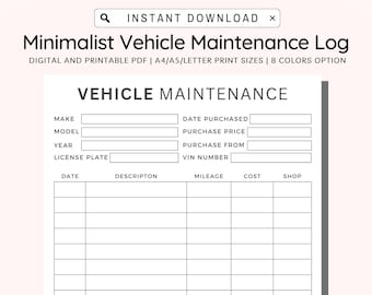 Registro de mantenimiento de vehículos imprimible, registro de servicios de vehículos, registro de gastos de reparación de vehículos, mantenimiento del coche, PDF en tamaño A4/A5/Carta/Media Carta