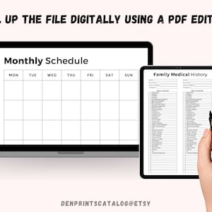 May include: A digital printable family medical history form and a monthly schedule planner on a laptop screen. The form includes a list of medical conditions and space to record family members' information.