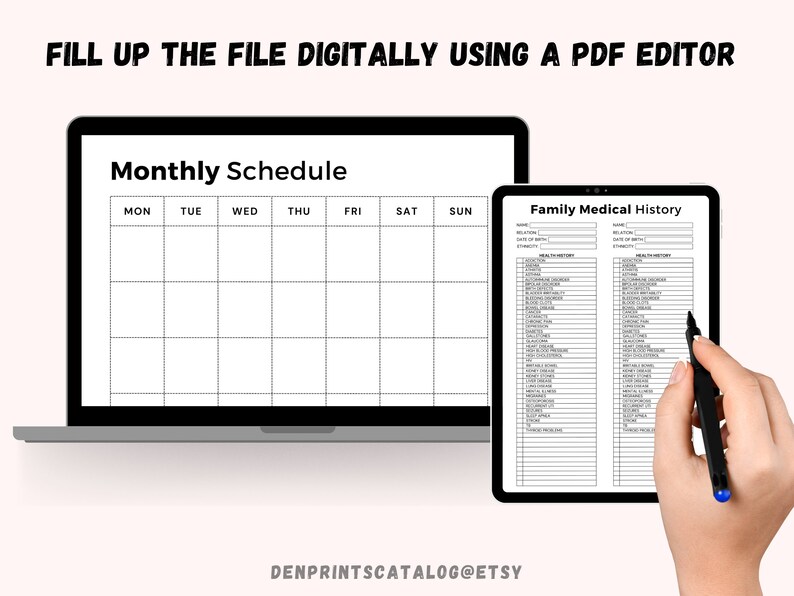 May include: A digital printable family medical history form and a monthly schedule planner on a laptop screen. The form includes a list of medical conditions and space to record family members' information.