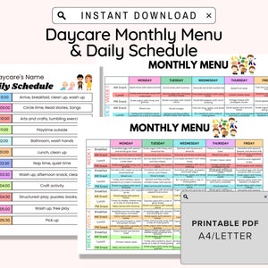 Home Daycare Monthly Menu Printable, Editable Daycare Daily Schedule Template, Preschool Menu, Home School Meal Planner,Daycare Template PDF