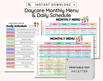 Home Daycare Monthly Menu Printable, Editable Daycare Daily Schedule Template, Preschool Menu, Home School Meal Planner,Daycare Template PDF