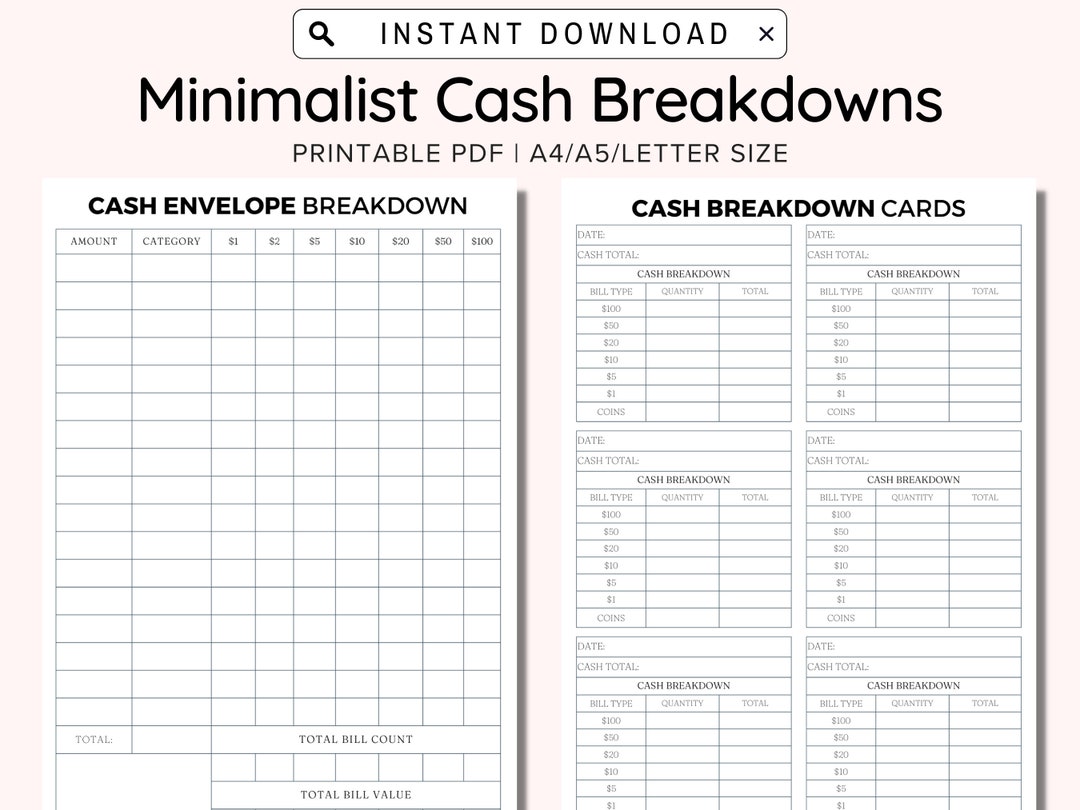 Cash Breakdown Count Sheet Printable, Cash Breakdown Cards, Cash ...