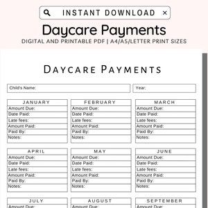 Registro de pagamentos de creche para impressão, pagamentos de creche, pagamentos de mensalidade de creche, registro de pagamento de creche, PDF A4/A5/Carta para download instantâneo