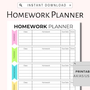 Printable Homework Planner, Homework Chart, Homework Tracker, Homeschool Planner, Homework Log PDF, Assignment Tracker, Homework Log, A4/A5