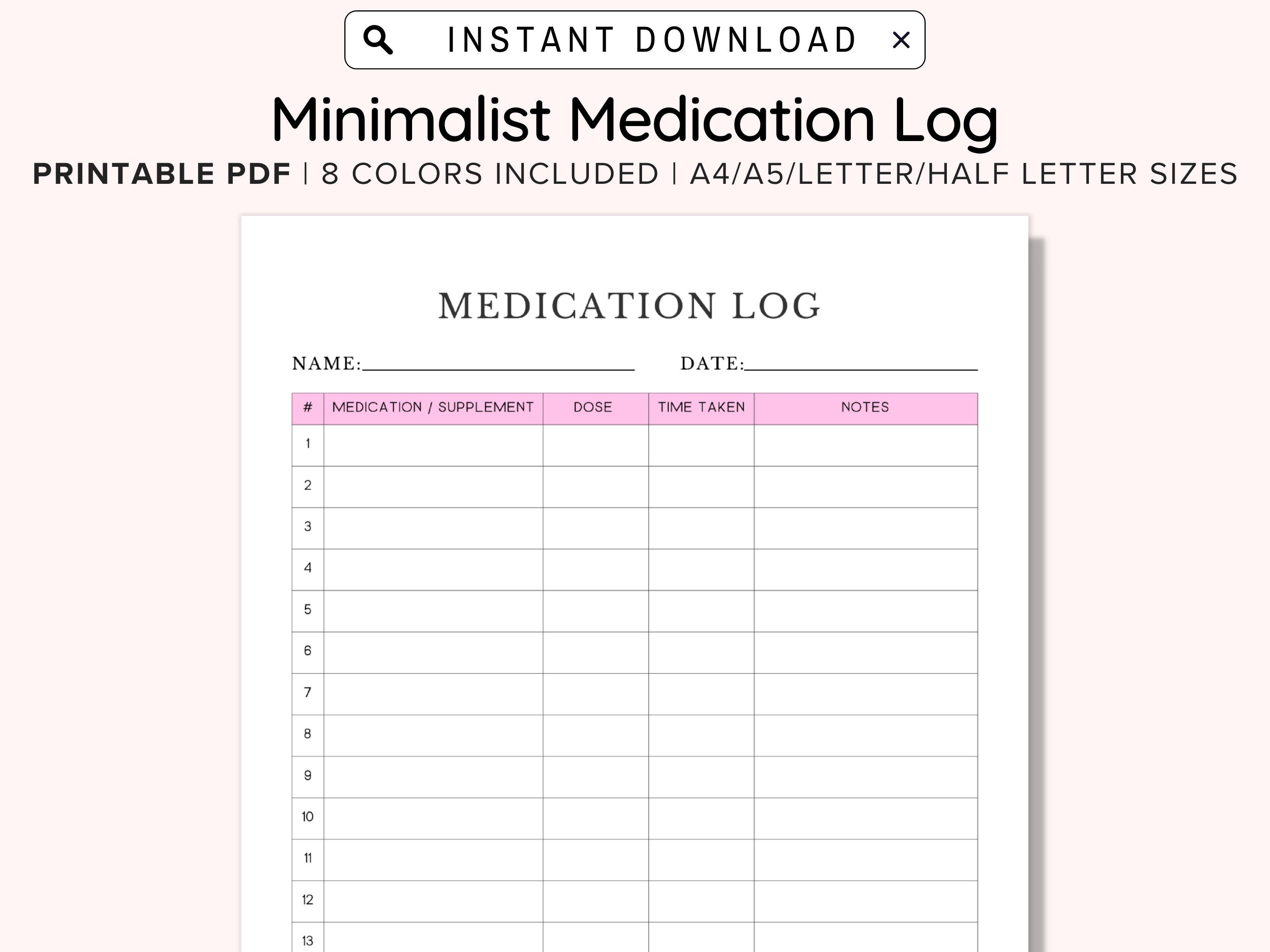 Medication Log Printable, Ready to Print Medication Log Chart, Post
