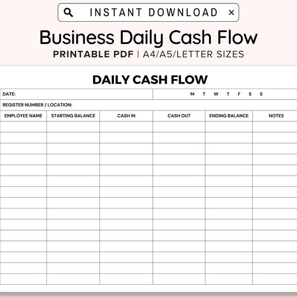 Business Daily Cash Flow Printable, Statement Report, Register In Out Closeout, Reconcile Til Balance Shift Balance Sheet Drawer Record Form