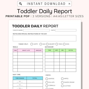 Toddler Daily Report | Daily Log For Daycare, Preschool, Nanny, Babysitter, Childcare Centre, Home Daycare | Infant Report | Daycare Reports