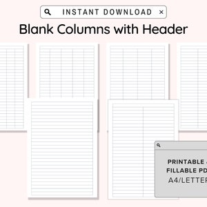 Gráficos de columnas en blanco rellenables con encabezados 1, 2, 3, 4, 5 y 6, hojas de trabajo de tablas de columnas imprimibles en formato PDF, recambio para cuaderno, tamaño A4/carta, formato digital