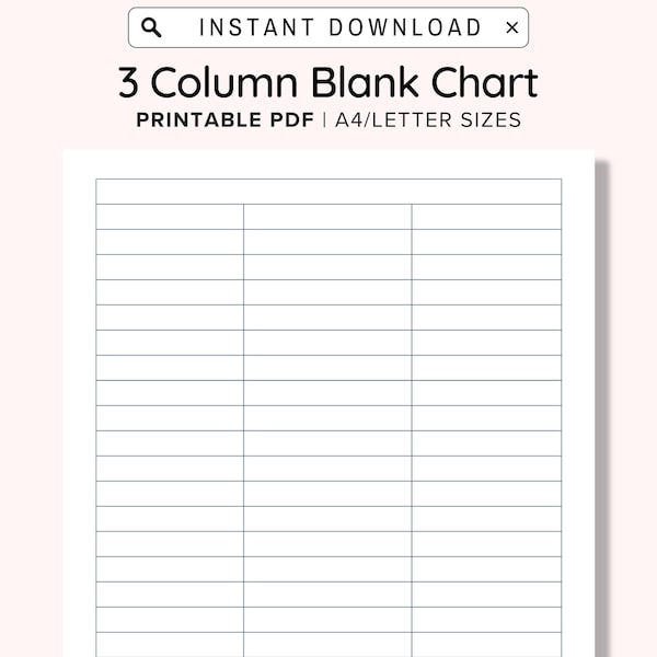 3 Blank Columns Chart Text Input Print and Write Printable Digital Download, Blank Column Template, Printable Columns, Columns w/ Title, PDF