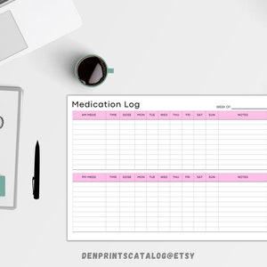 May include: Printable medication log with a pink header and columns for AM and PM medications, time, dose, and days of the week.  The log includes a section for notes.