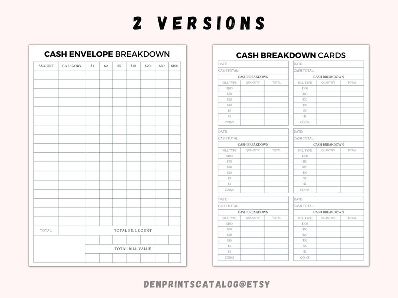 Cash Breakdown Count Sheet Printable, Cash Breakdown Cards, Cash