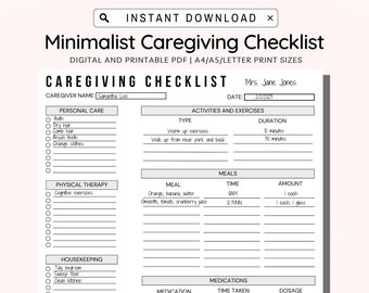 Caregiver Daily Tasks Printable,  Caregiving Checklist, Elderly Care, Caregiver Schedule, Housekeeping, Care log Template, A4 A5 Letter PDF