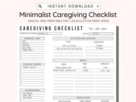 Caregiver Daily Tasks Printable,  Caregiving Checklist, Elderly Care, Caregiver Schedule, Housekeeping, Care log Template, A4 A5 Letter PDF