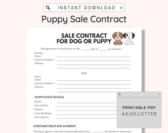 Puppy Sales Contract Printable, Puppy Deposit Contract, Puppy Sale Contract Editable,  Puppy Contract Template, Canva, PDF